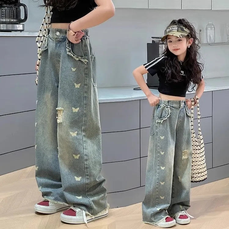 女童秋冬长款加绒牛仔裤2014新款中大童做旧牛仔裤童装痞帅拖地裤