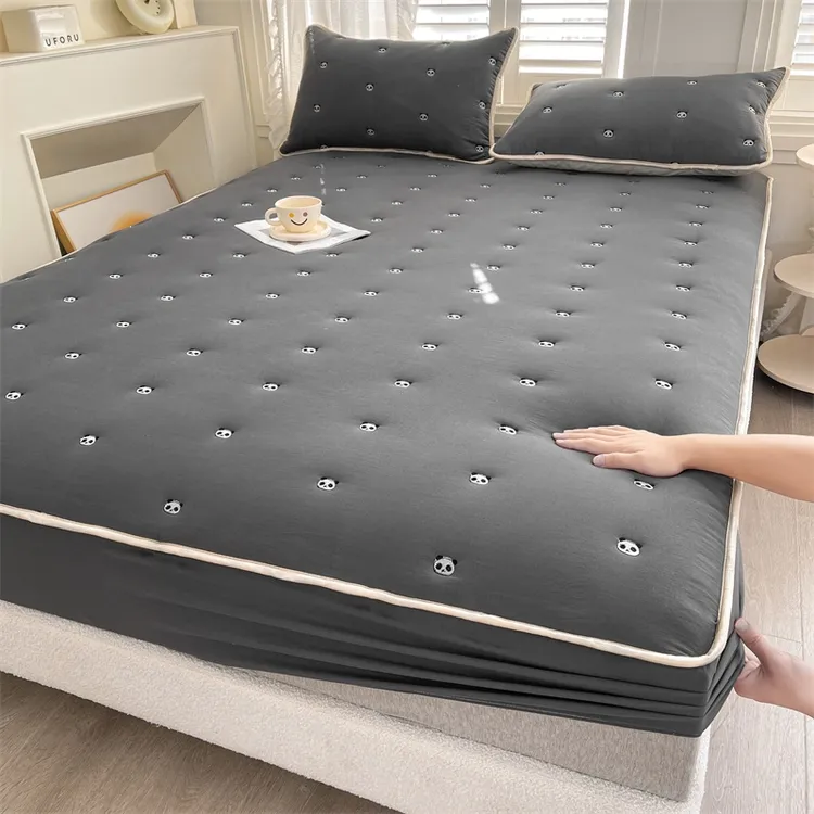 新款水洗棉床褥式夹棉床笠加厚床垫熊猫深灰