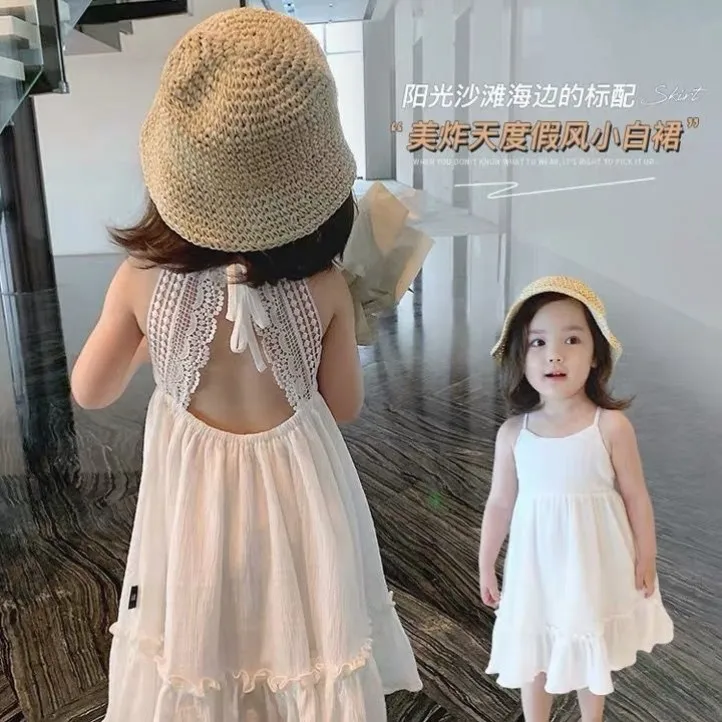 儿童沙滩裙女童装小白裙海边度假连衣裙宝宝洋气蕾丝露背吊带裙子