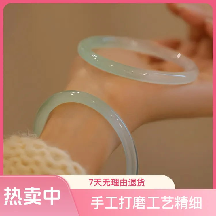 天然玛瑙玉髓半山半水飘绿叮手镯远山黛青色古风圆条美人拍一发一