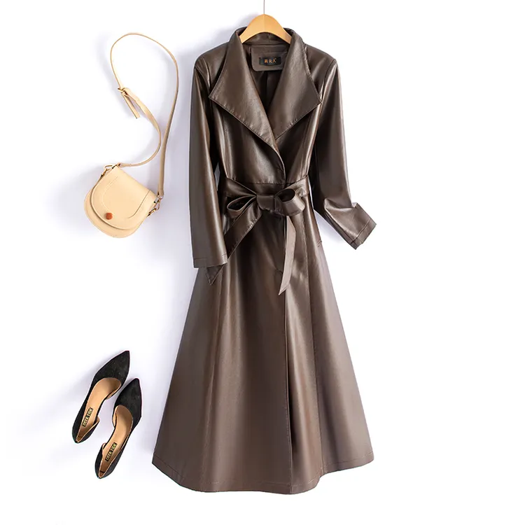 海宁皮衣女长款过膝皮风衣高端外套大码修身显瘦气质时尚FHG-231#