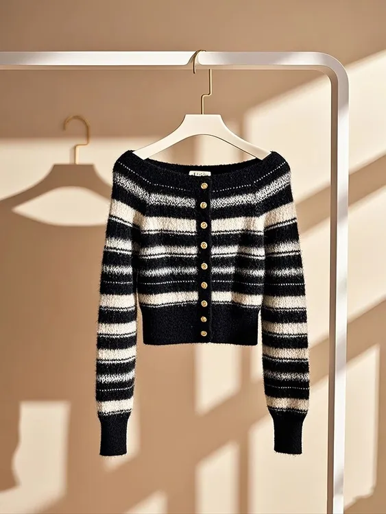 2025新款小香风一字肩针织衫女款冬季高级感内搭打底黑白条纹毛衣
