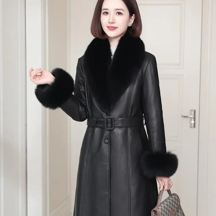 2025冬季新款海宁真皮鹅绒服女可脱卸狐狸毛领绵羊皮修身皮衣外套