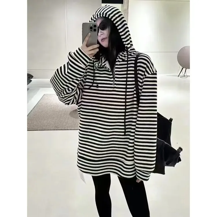 加绒半拉链连帽条纹卫衣女2025年新款中长款宽松显瘦休闲帽衫上衣