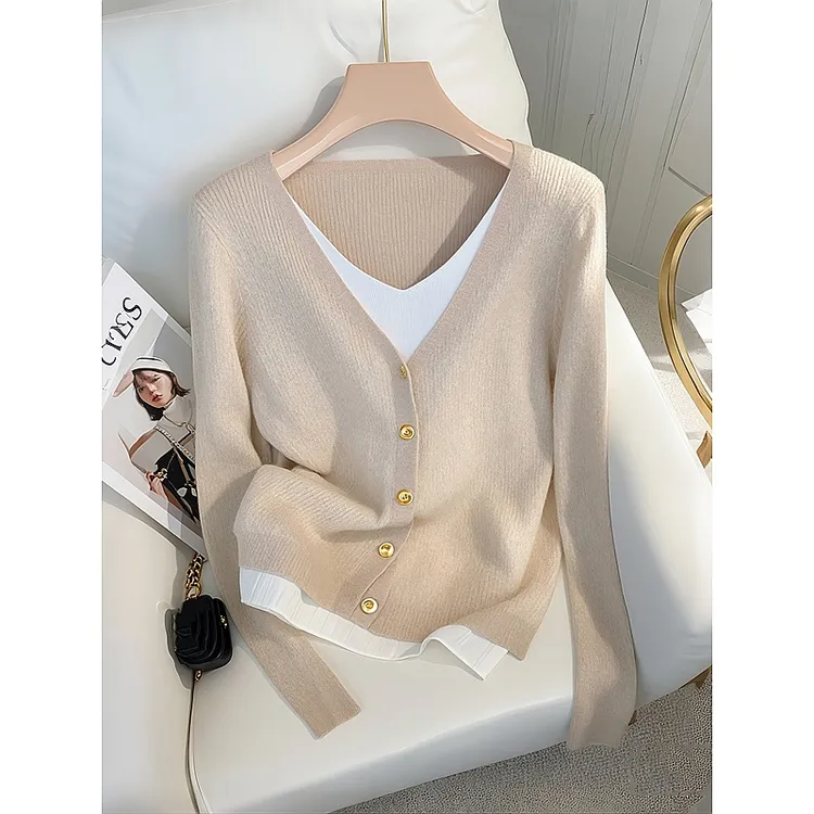 精致绝美胖mm大码法式高级感假两件浅杏色针织衫秋女2024新款上衣