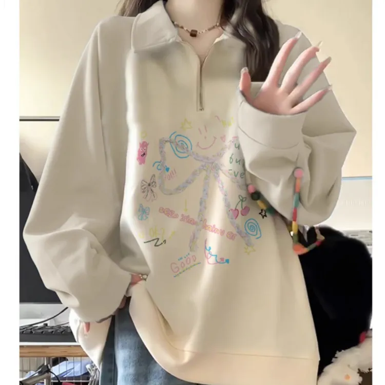 300斤大码蝴蝶结印花半拉链卫衣男女秋冬学院风韩系长袖翻领上衣