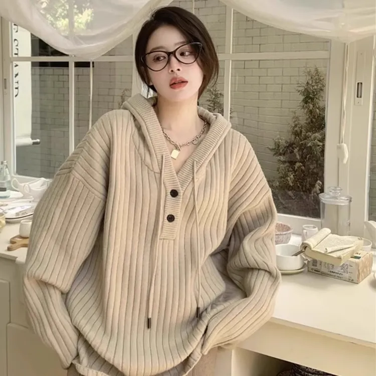 300斤大码春秋款时尚显瘦连帽毛衣男女宽松百搭设计感上衣针织衫