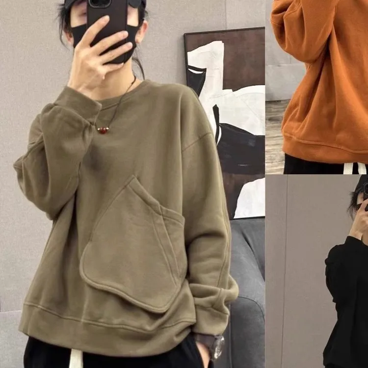 2025年新款欧货大口袋纯色卫衣男女秋冬加绒百搭显瘦时尚打底衫潮