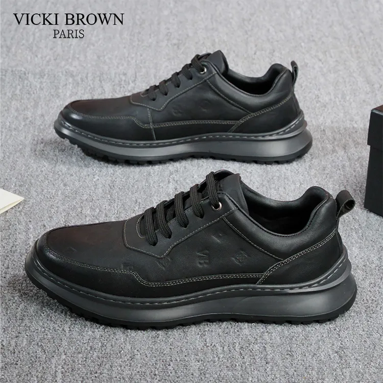 VICKI BROWN秋季轻奢鞋真皮百搭商务低帮休闲鞋皮鞋男士黑色潮鞋