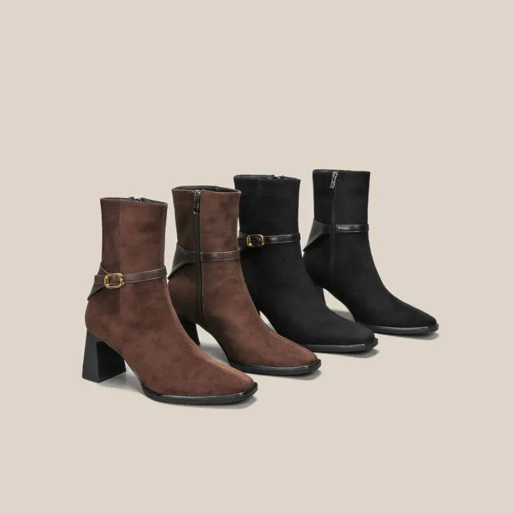 秋冬款绒面短靴侧拉链女粗跟方头靴子搭扣复古显痩女靴美拉德棕