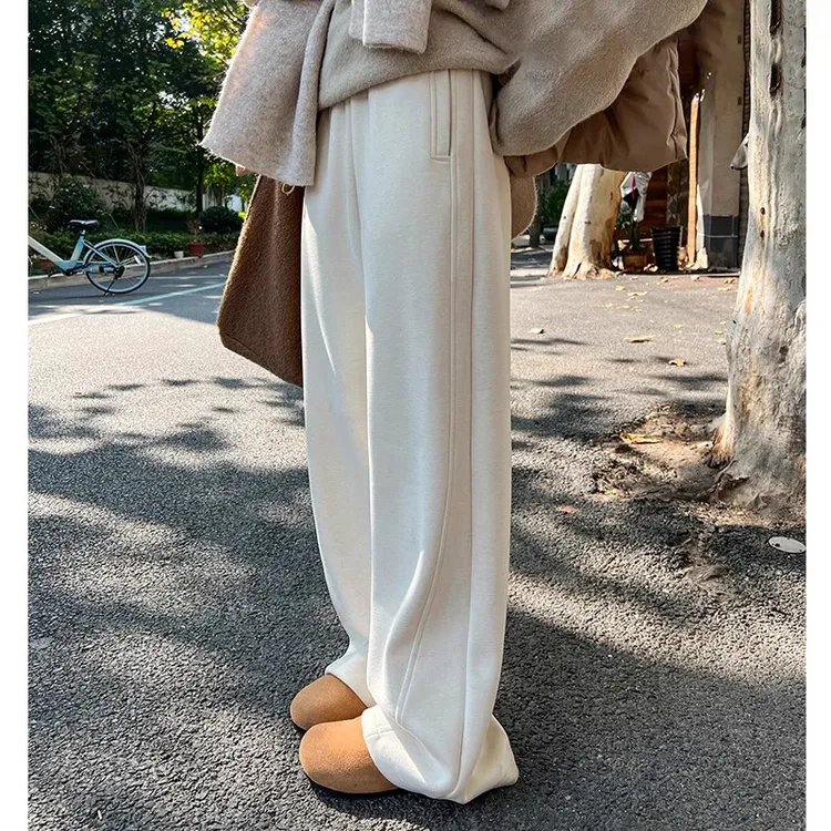 醋酸羊毛呢阔腿裤女秋冬2024新款高腰垂感休闲直筒裤糯米长裤子