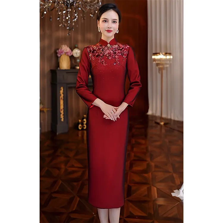酒红色改良旗袍秋冬加厚气质优雅时尚喜婆婆高端婚礼喜妈妈连衣裙