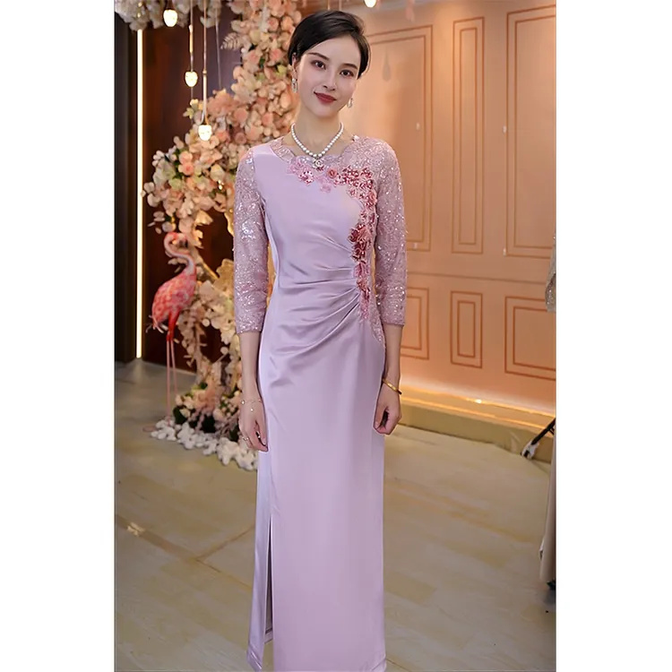 礼服设计师款轻奢时尚气质粉色年轻妈妈婚礼喜婆婆生日宴会连衣裙