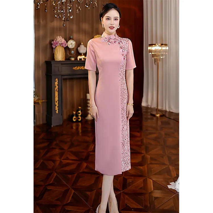 改良旗袍缎面年轻时尚妈妈高端婚礼显瘦中长款酒红色喜婆婆连衣裙