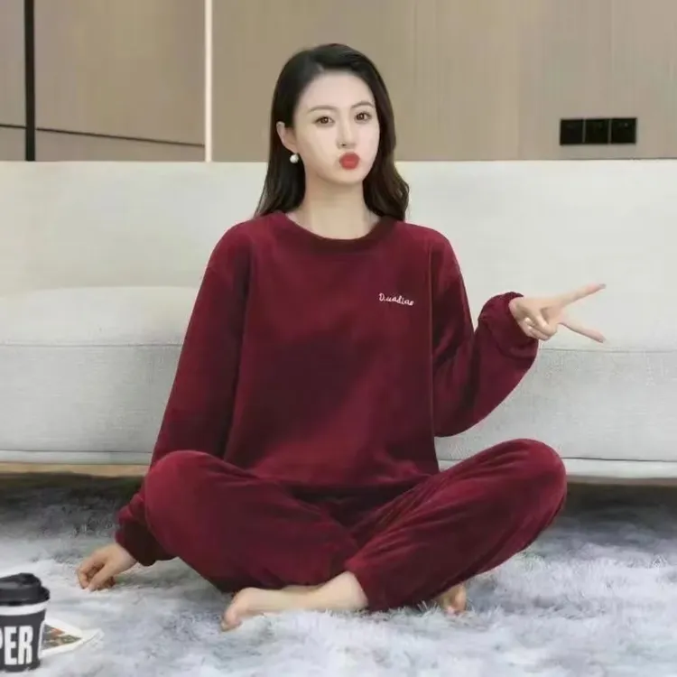 2024新款冬季加绒加厚珊瑚绒睡衣家居服套装男女同款情侣款大码