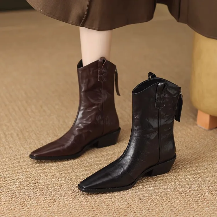 秋冬中筒后拉链西部牛仔靴骑士靴复古真皮粗中跟方头羊皮短靴女鞋