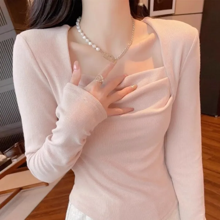 纯欲方领褶皱锁骨修身打底衫上衣女春秋小众设计感内搭长袖T恤潮