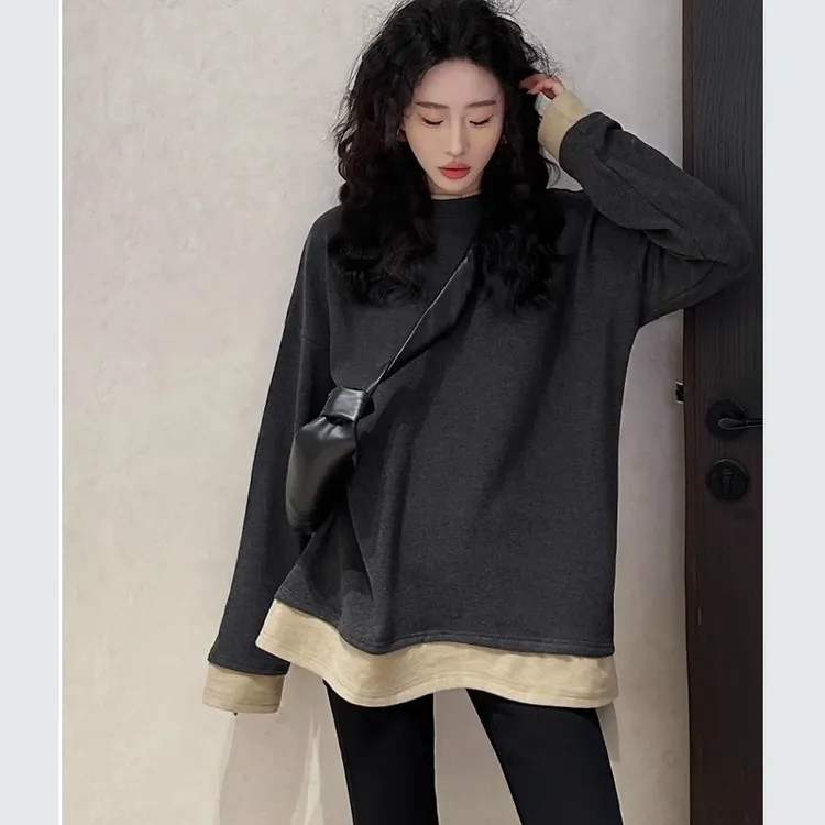 欧货假两件双面德绒磨毛长袖t恤女秋冬季宽松韩版加厚上衣打底衫