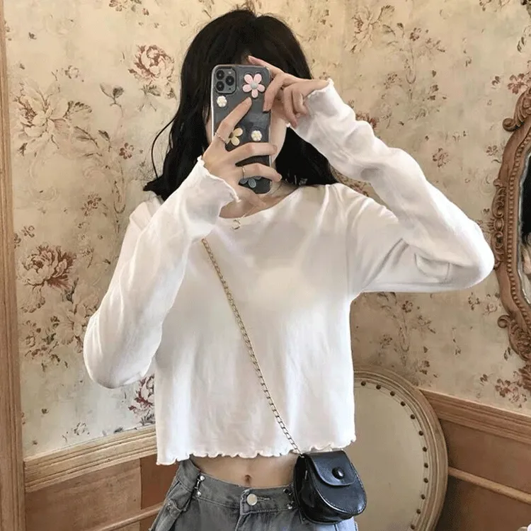 木耳边白色t恤女长袖春秋季2025新款内搭打底小衫短款露脐上衣服
