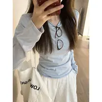 baby蓝卷边长袖T恤女2025夏防晒罩衫春秋韩系百搭雪花棉打底上衣