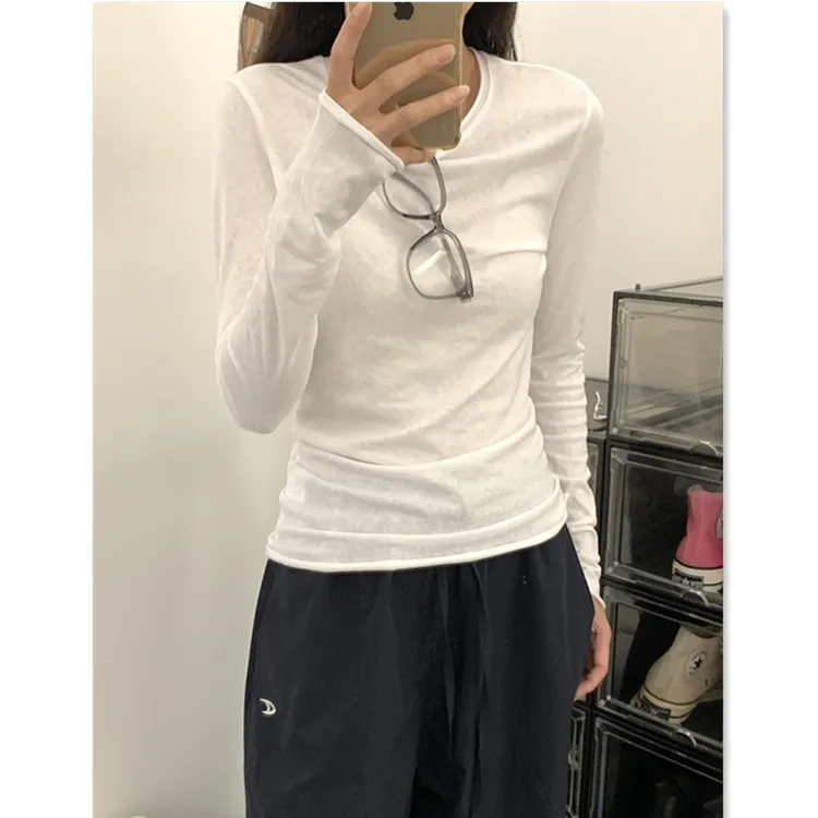 薄款慵懒风白t恤女春秋长袖打底修身百搭雪花棉微透罩衫正肩上衣