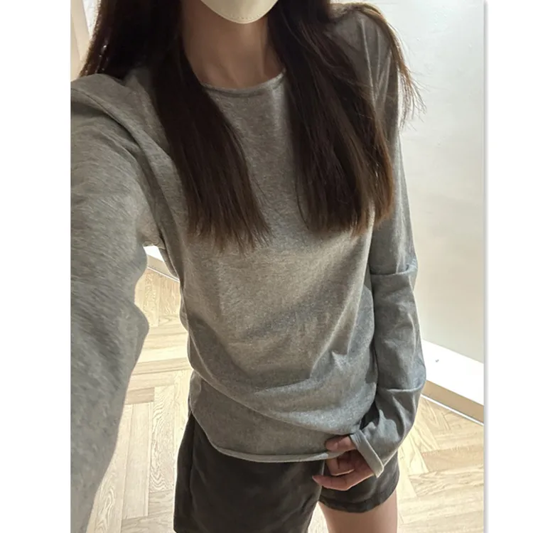 高级感灰色长袖T恤女春秋雅丹修身显瘦内搭打底baby蓝正肩上衣夏