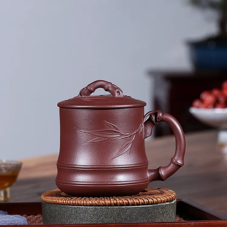 宜兴主人杯手工竹节带盖茶杯高档男女士底槽清泡茶正宗宜兴紫砂杯