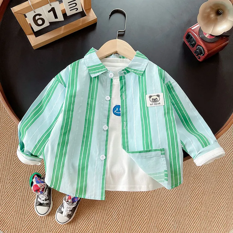 儿童休闲洋气春秋长袖夏季薄款男童小童韩版帅气时尚宝宝条纹衬衫
