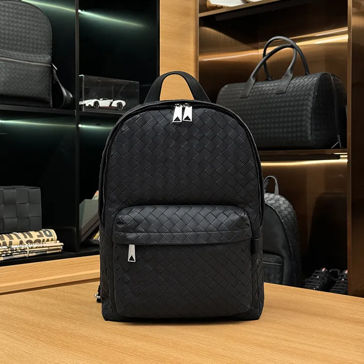 BOSOM VARVLE BV【胎牛皮】大容量双肩包手工编织头层牛皮男款书包