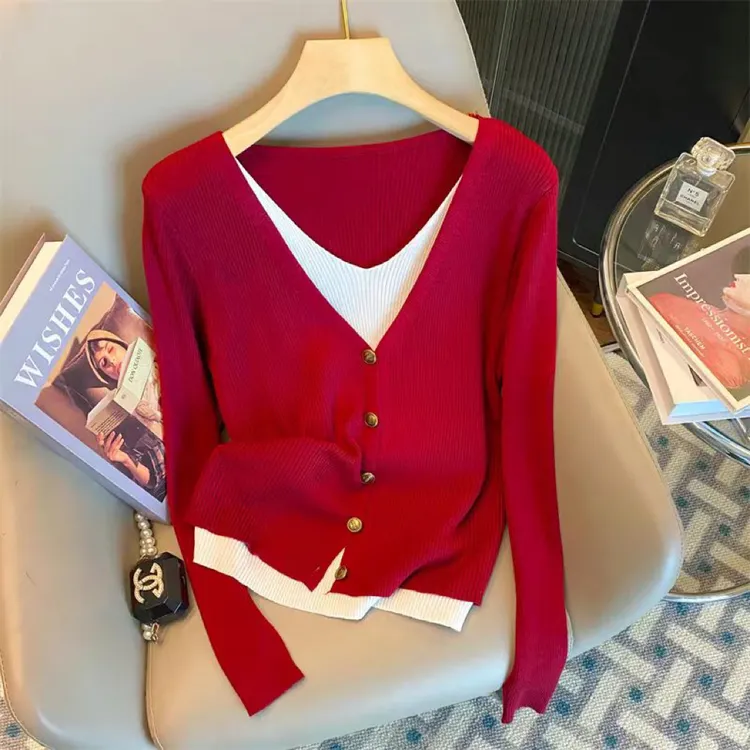 【80-180斤】韩版女装拼接显瘦休闲百搭拼色假两件针织衫303