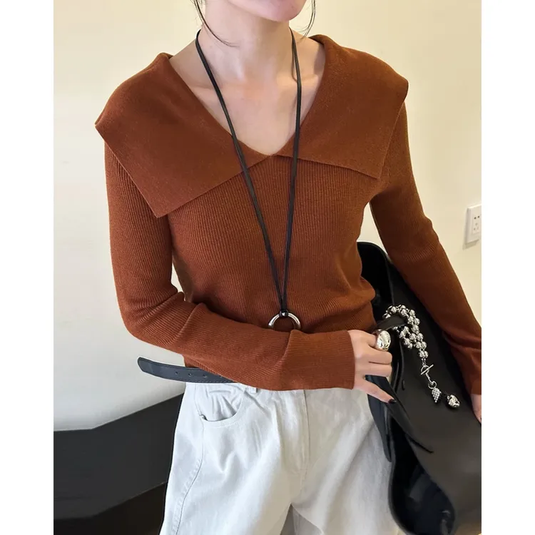 2025秋季新款大翻领设计感长袖针织衫女百搭修身毛衣打底衫1822