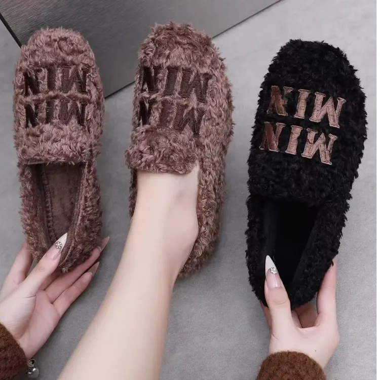 2025冬季新款老北京棉鞋女加绒保暖毛毛鞋一脚蹬妈妈鞋豆豆鞋