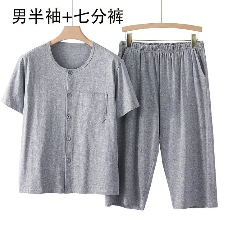中年男士短袖T恤中老年人纯棉汗衫爸爸开衫老头衫爷爷七分裤套装