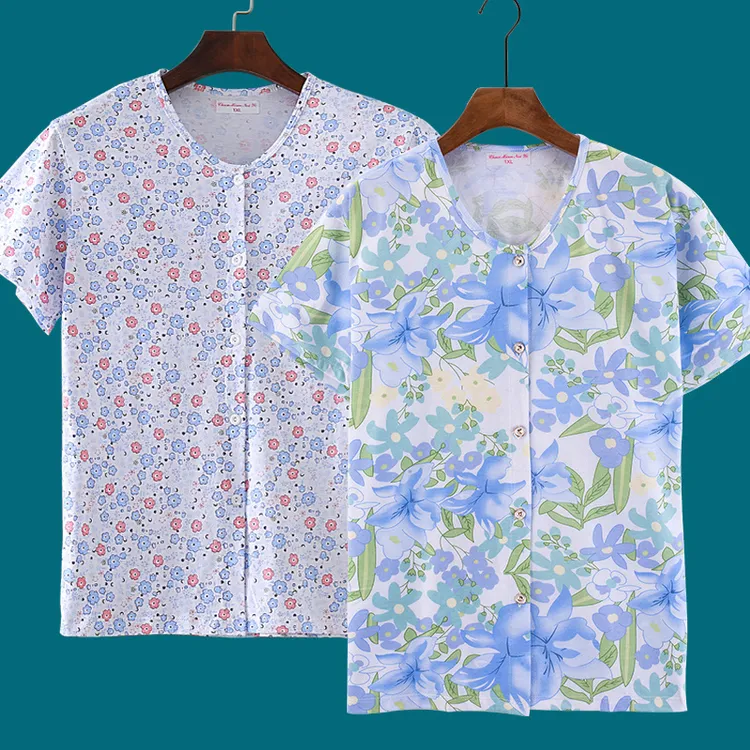 夏薄款针织纯棉短袖背心女中老年人全棉系扣汗衫老太宽松大码睡衣