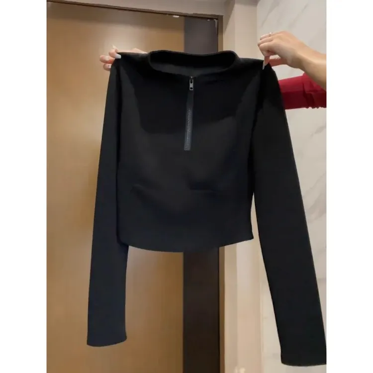 半拉链领黑色纯欲风短款长袖T恤女装秋季辣妹女上衣时髦时尚洋气