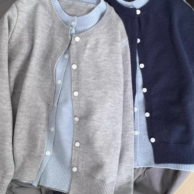 秋季韩系chic软糯拼接撞色假两件灰色针织开衫外套女外搭毛衣上衣