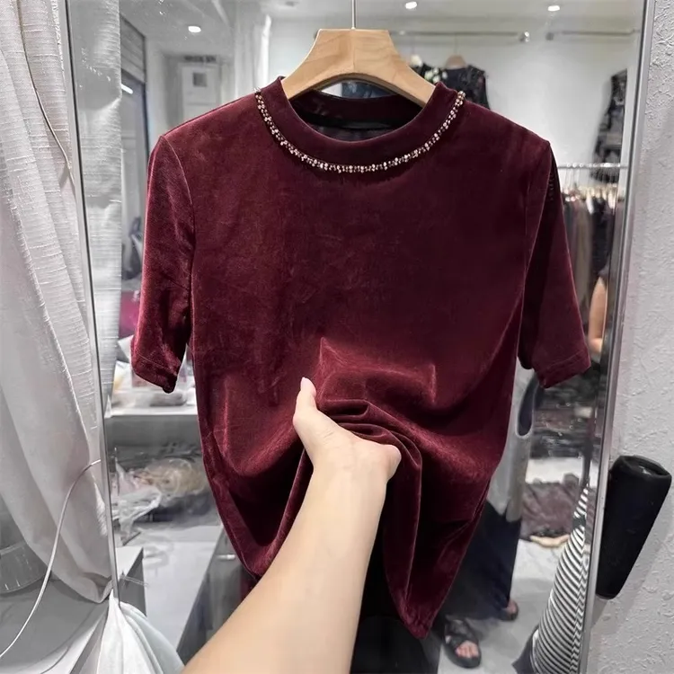 轻奢金丝绒T恤女钉珠上衣春秋新款安可拉红色短袖洋气漂亮打底衫