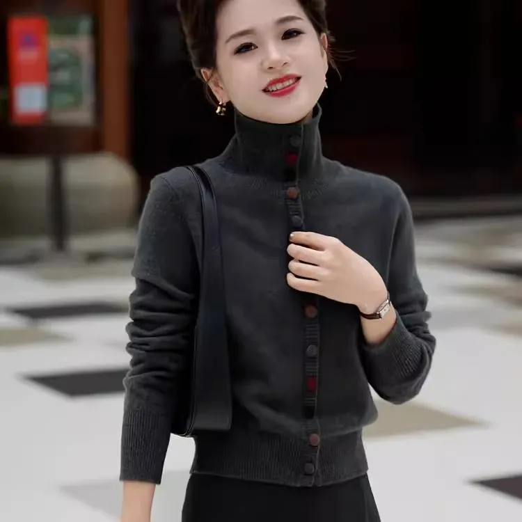 轻奢时髦洋气减龄高领针织毛衣开衫女秋冬季新款显瘦百搭气质上衣