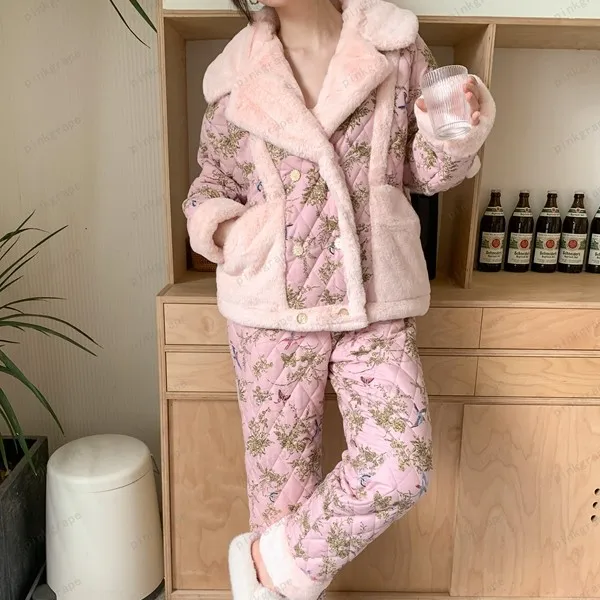 pinkgrape【百鸟争鸣】2025年新款睡衣女套冬季三层夹棉加厚2478117