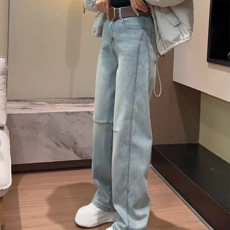 窄版弹力直筒牛仔裤女2025新款秋季显瘦拖地裤大码加绒遮肉阔腿裤