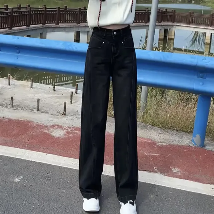 大码加绒黑色直筒窄版牛仔裤女冬季2025新款胖mm高腰显瘦阔腿裤子
