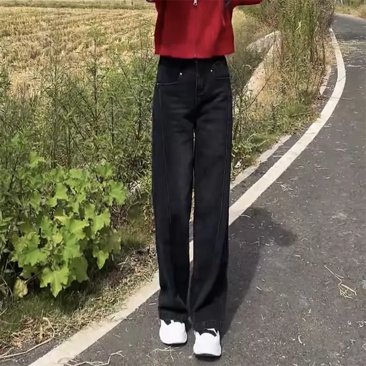 加绒加厚直筒牛仔裤2025年秋季新款女大码拖地裤显瘦宽松阔腿裤子