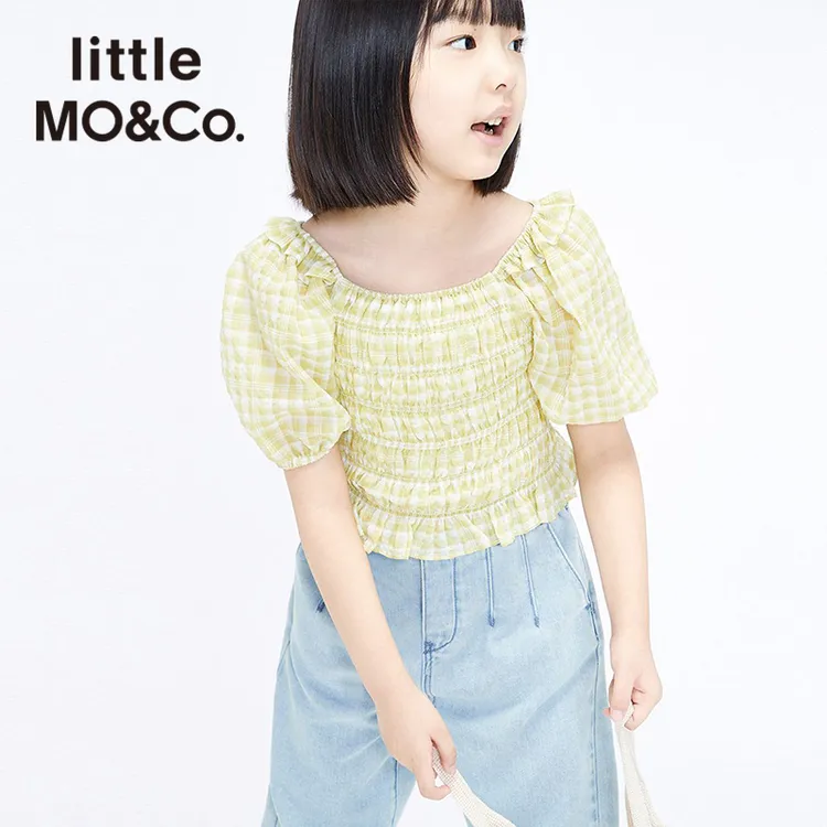 MOCO童装商场同款夏季女童格子方领短款衬衫泡泡袖#KBA2TOP001