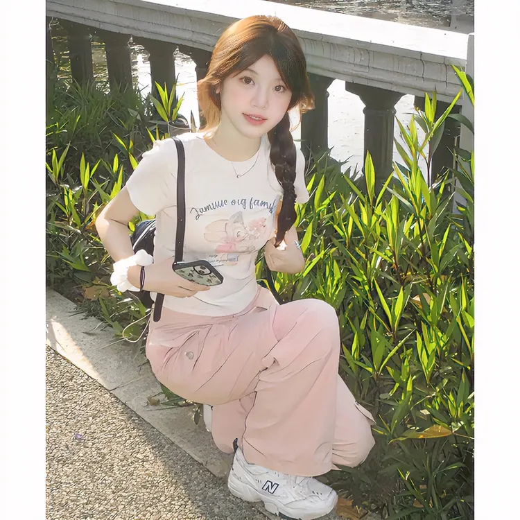 美式复古白色正肩短袖t恤女夏圆领辣妹修身紧身显瘦高腰短款上衣