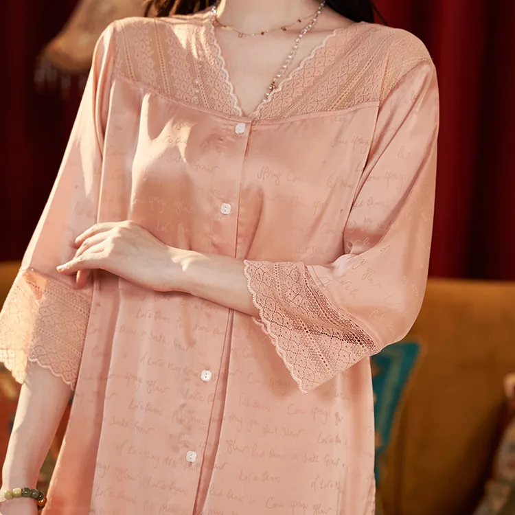 上海故事蕾丝欧若风字母花睡衣轻奢可外穿女士睡衣家居服套装4