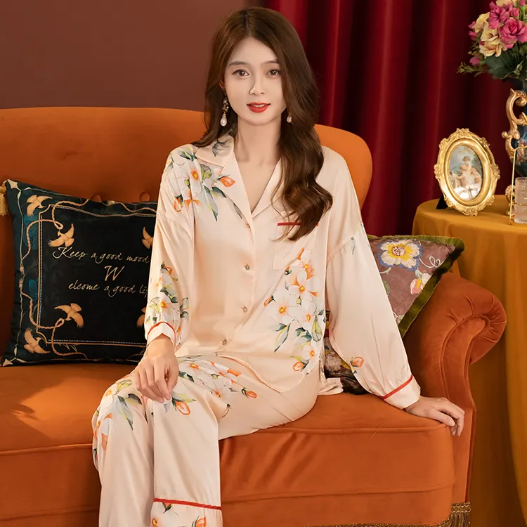 达芬奇密码睡衣粉花开叉长袖套装舒适气质宽松印花家居服睡衣女