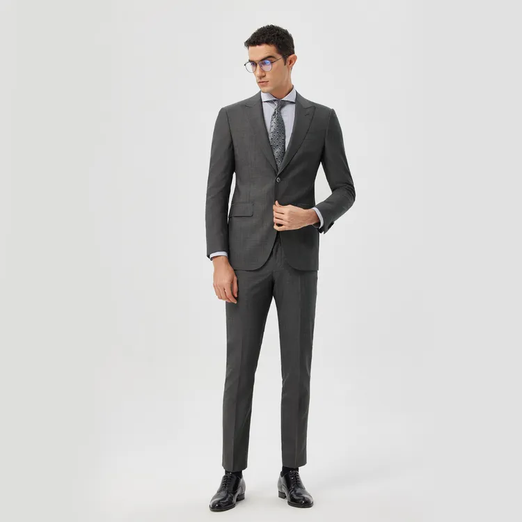 意大利LOROPIANA130'S四季竹节纹简奢套西男士商务戗驳领西服套装