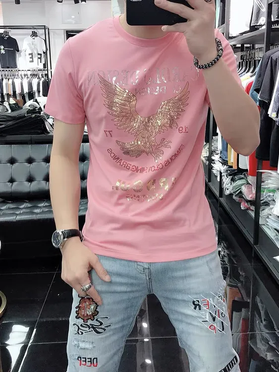 短袖男t恤棉爆款韩版潮流印花烫钻潮牌修身帅气半袖圆领上衣休闲