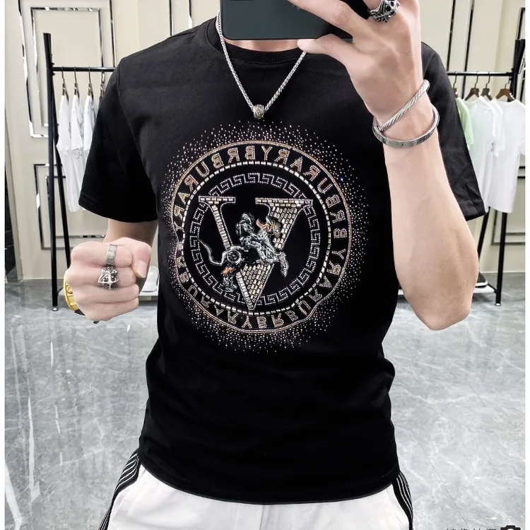 欧洲站潮牌烫钻短袖t恤男士轻奢2025潮流半袖夏季圆领修身打底衫