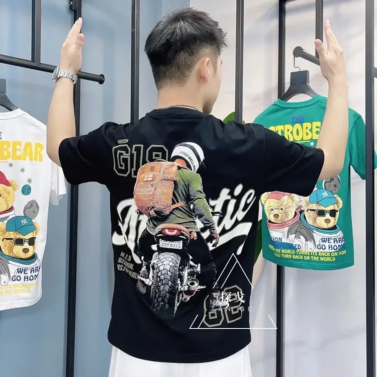 2023夏季新款t恤纯棉打底衫潮牌网红复古摩托车机车印花短袖男ins